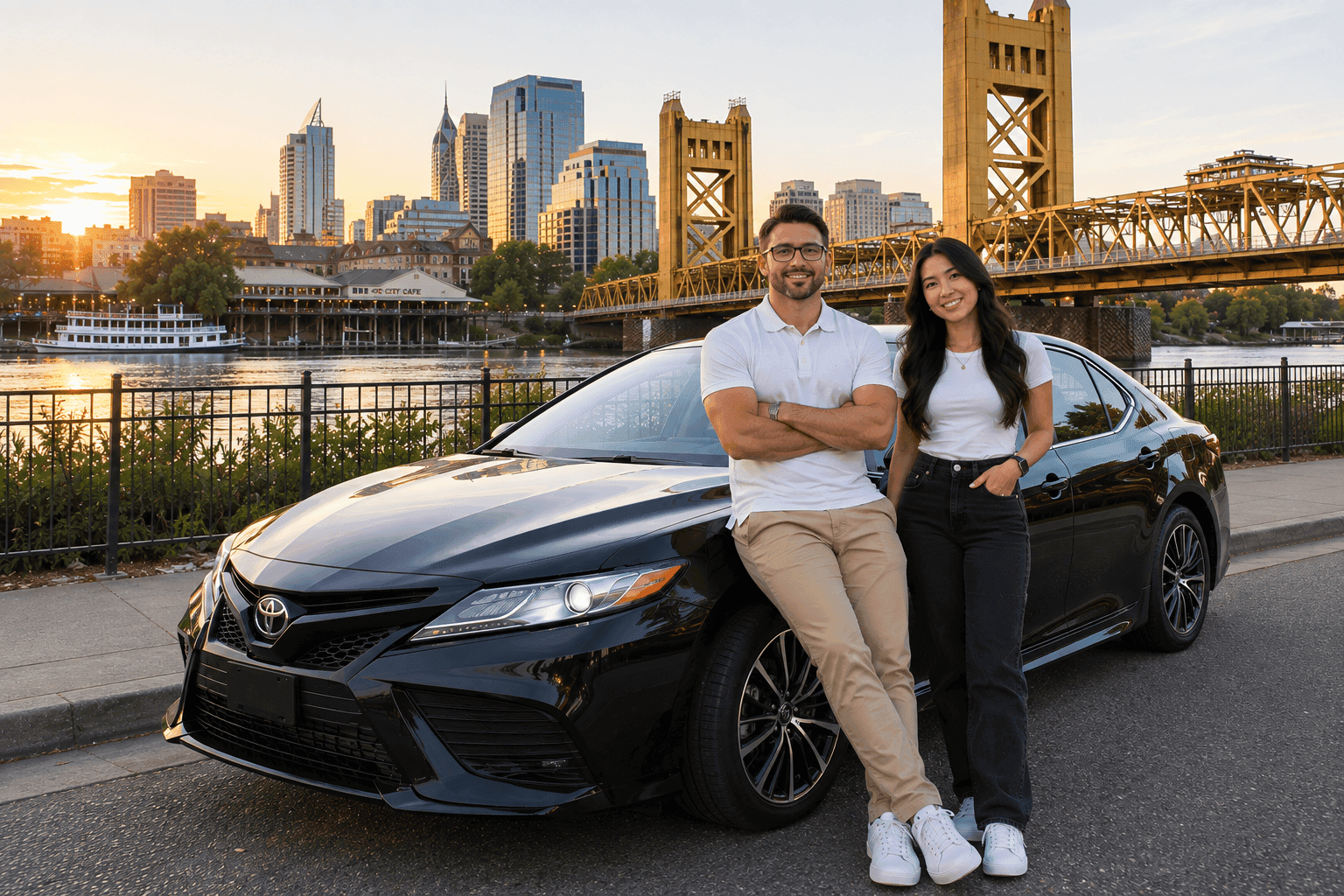 A WeedNearMe driver leaning against an unmarked black car, with the Tower Bridge and the downtown Sacramento skyline behind him